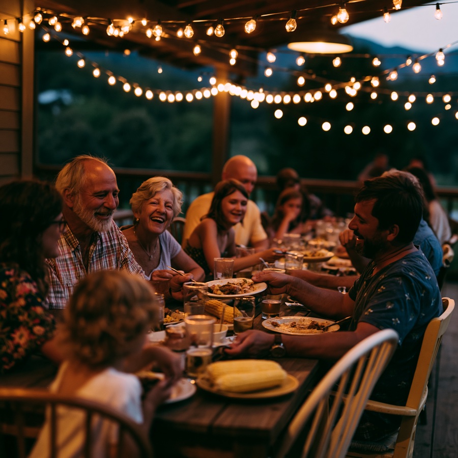 Long crowded dinner table on a porch at dusk, string lights, mismatched chairs, multiple generations mid-laugh. Warm and lived-in, not staged. Square crop.