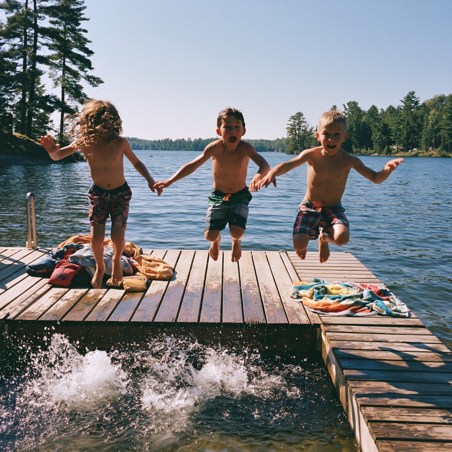 Kids mid-jump off a weathered wooden dock into a lake, summer afternoon. Joyful, candid, UGC energy. Square crop.