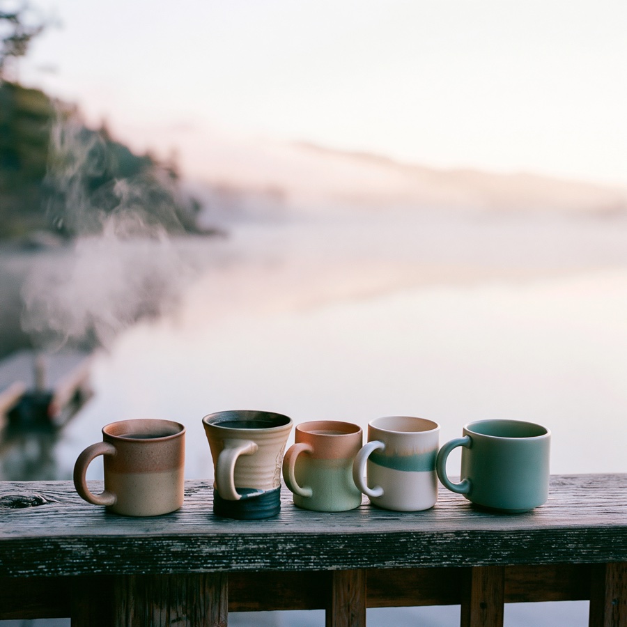 Mismatched coffee mugs on a porch rail, mist over the water behind. Quiet, nostalgic, soft morning light. Square crop.