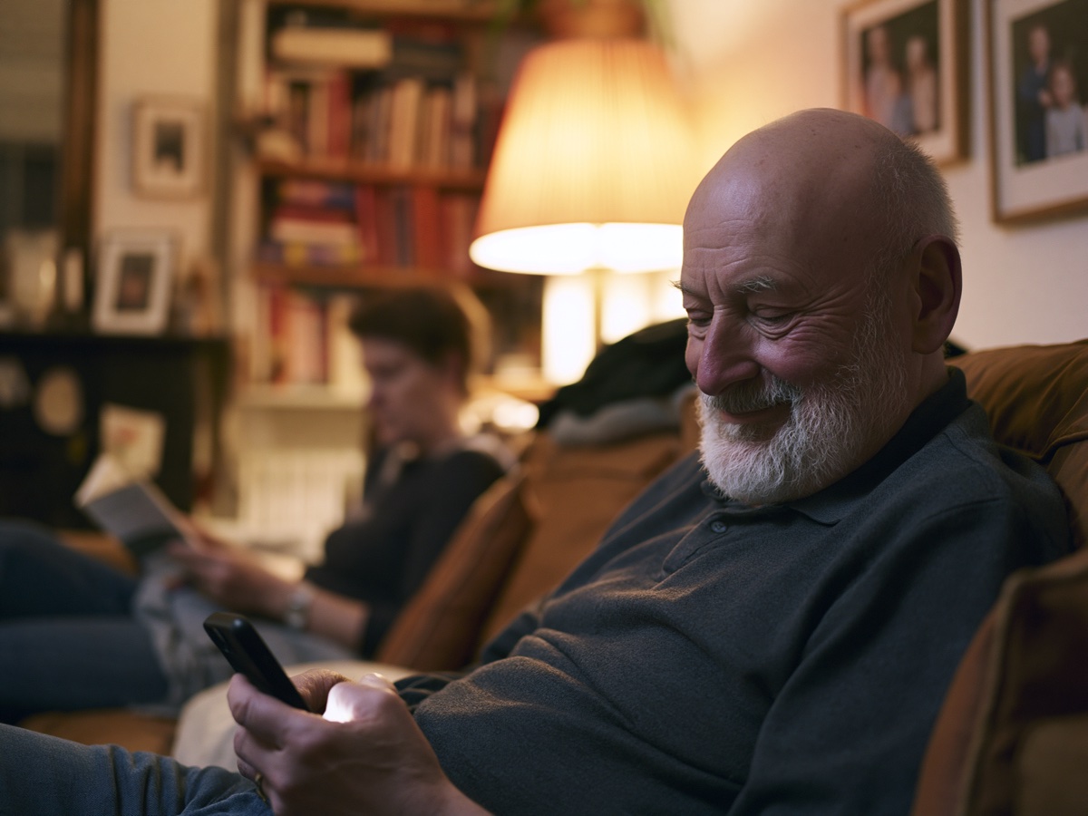 Owner (50s–60s) relaxed in a city living room in the evening, glancing at their phone with a small smile — clearly NOT working. Lamp light, cozy. Conveys "the house is handled."